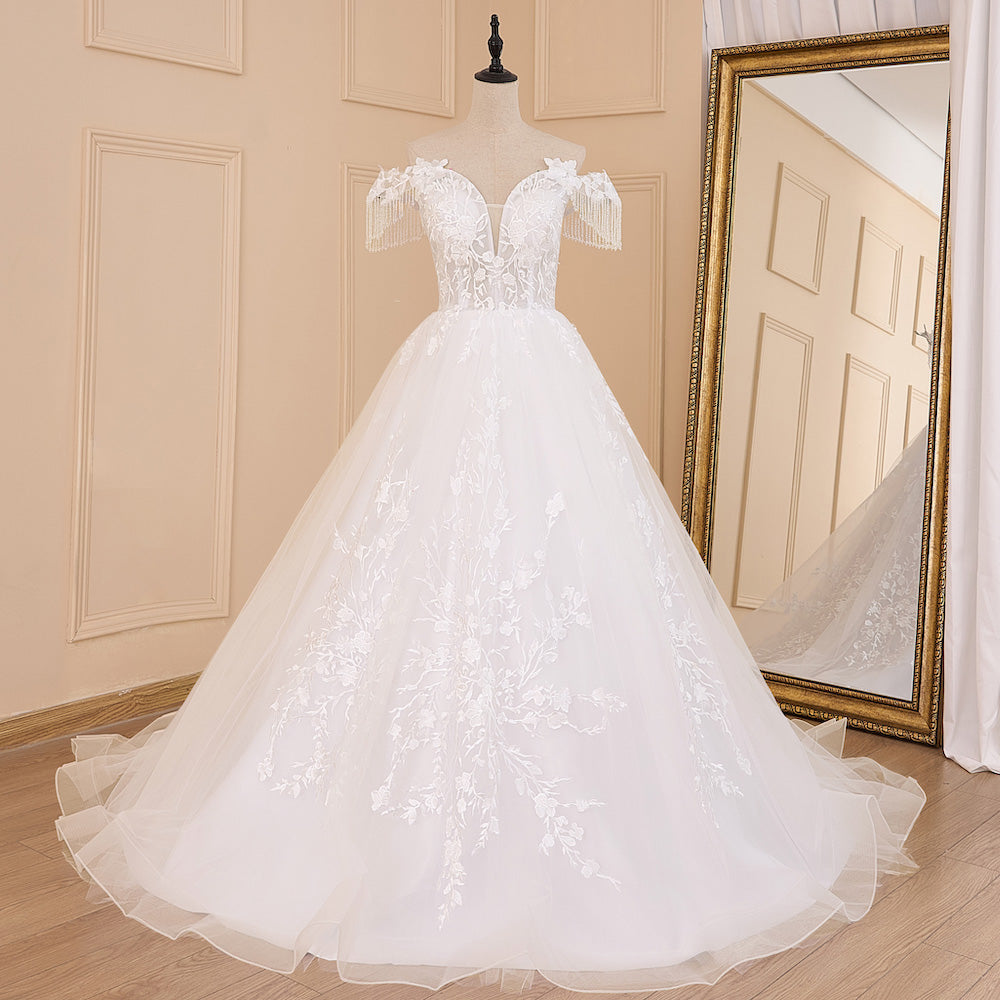Beaded Fringe Sleeve Off-Shoulder Lace Wedding Dress