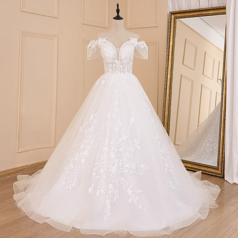 HEULORIA robe de mariée vintage épaules dénudées dentelle applique perles robe de mariée grande taille à lacets robe de mariée court train 