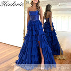 Sexy Strapless evening dress Chiffon Blue Tiered Ruffles with Slit Crystal A-Line Lace-upParty Gowns Customized