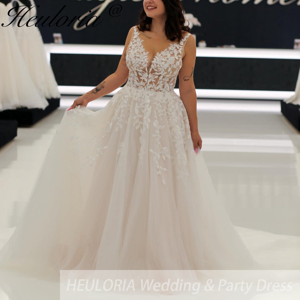 HEULORIA Luxury Glitter Tulle A line Wedding Gowns V neck Beading Lace Beach Bridal Dresses AL-946A