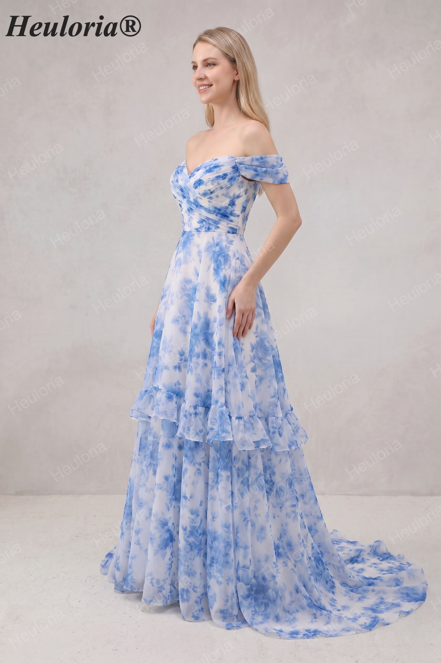 Heuloria Romantic Blue Floral Tiered Chiffon A-Line Evening Gown - Off-the-Shoulder Sweetheart Prom Dress ED-567 Imagen secundaria del producto