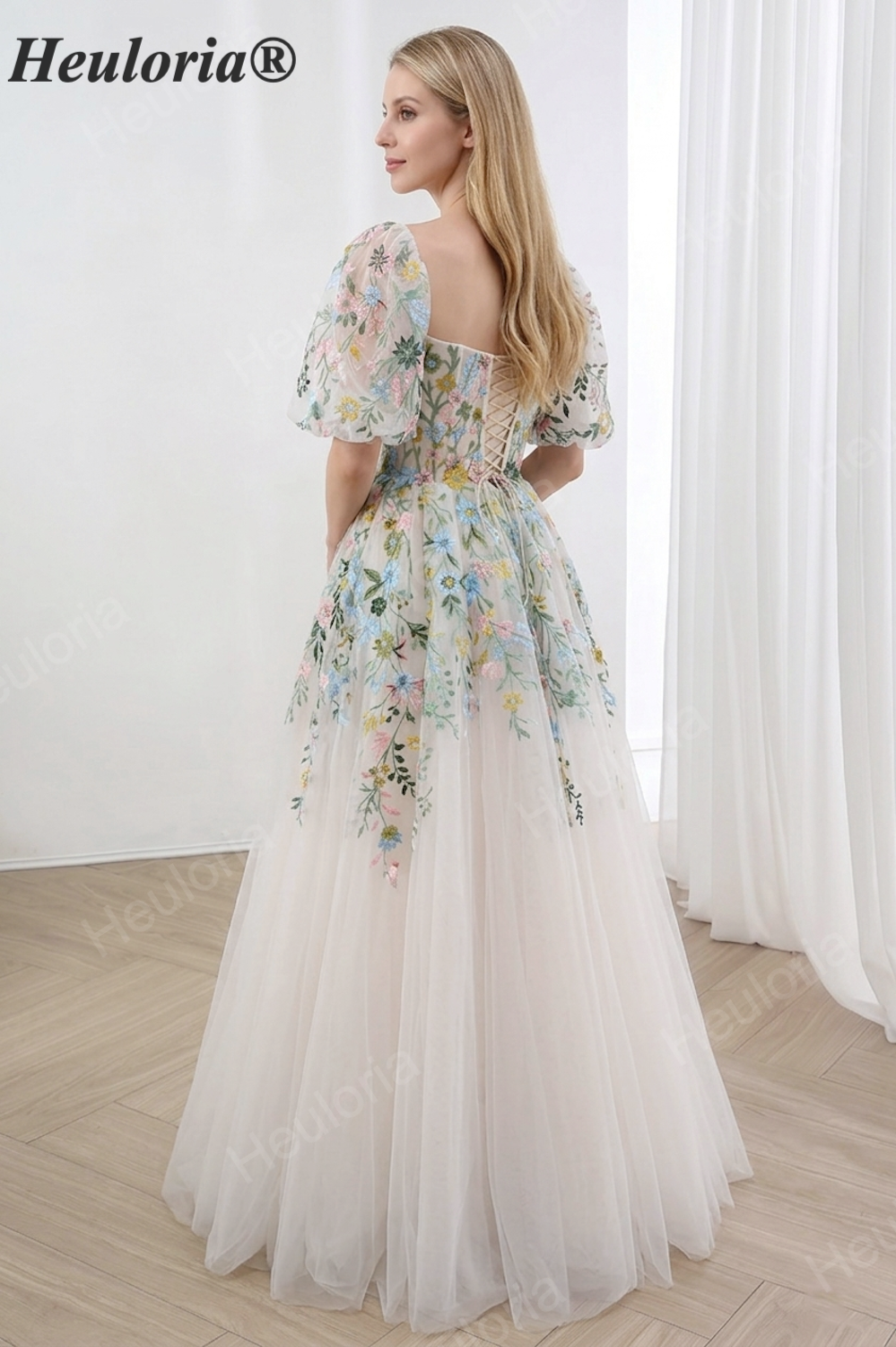 HEULORIA Enchanting Floral Embroidered Square Neck Puff Sleeve Tulle A-Line Gown with Corset Back ED-671