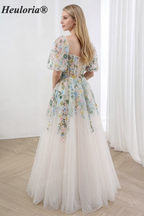 HEULORIA Enchanting Floral Embroidered Square Neck Puff Sleeve Tulle A-Line Gown with Corset Back ED-671