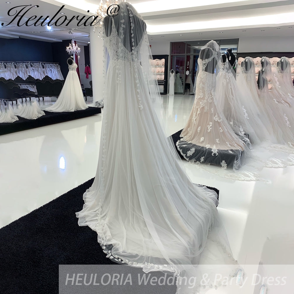 HEULORIA Women's Chiffon Wedding Dresses Bohemian Sexy V-Neck Lace Applique A-Line Princess Bridal Gowns Customized AL-942