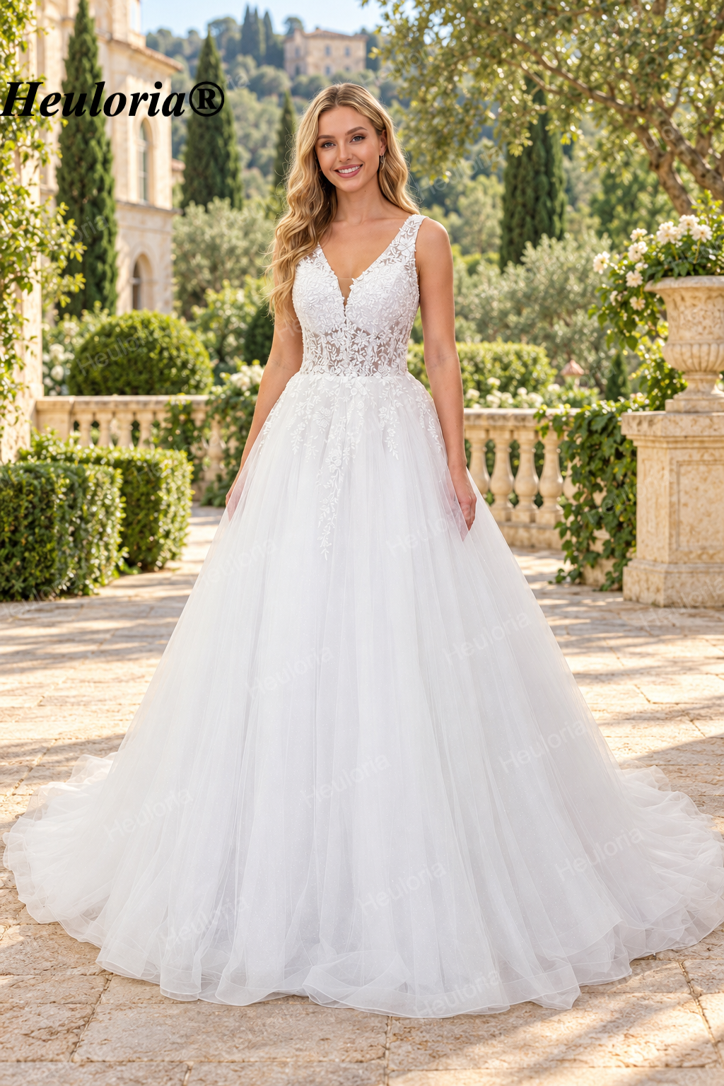 Floral Lace Deep V A-Line Wedding Dress with Corset Back AL-1037 Imagen principal del producto