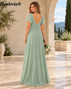 heuloria Sage Green V-Neck Flutter Sleeve Bridesmaid Dress with Draped Skirt ed-530