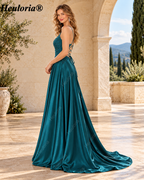 HEULORIA Peacock Green V-Neck Lace Satin A-Line Prom Dress – ED-345