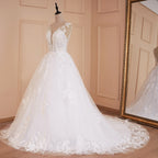 HEULORIA A-line V-Neck Sweep Train Lace Tulle Wedding Dress With Sequins Beading BA-529