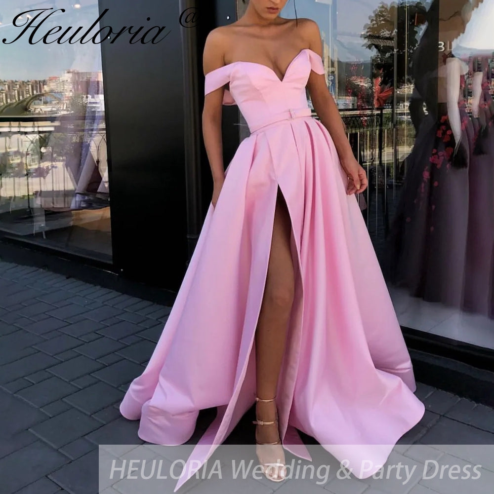 Off Shoulder Satin Prom Dresses Long Sexy High Slit Evening Gowns Elegant High Waist Prom Dress Robe De Soiree