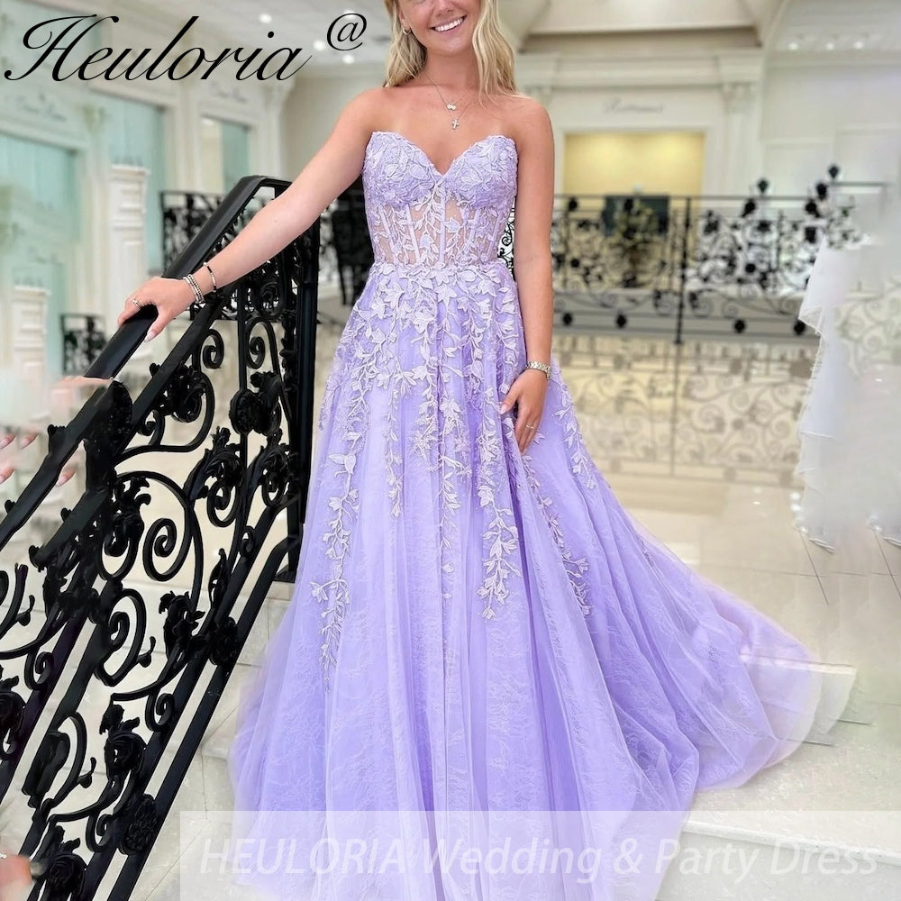 strapless Prom Dresses Lace Tulle Evening Dresses A-Shape Elegant Lady Party Dresses