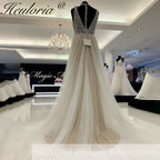 HEULORIA Sparkly beading lace A line Wedding dress Plunging V Neck Boho Bride Gowns Lace Up Back Customized AL-932