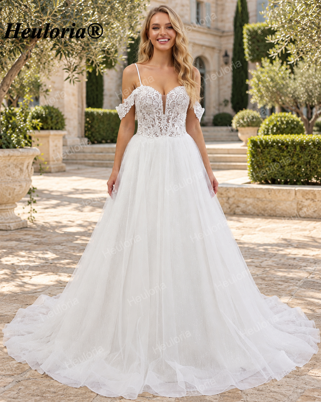 Sweetheart Glitter Tulle Corset A-Line Wedding Dress with Detachable Sleeves AL-1024 Imagen principal del producto
