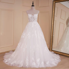 HEULORIA A-line Sweetheart Court Train Lace Tulle Wedding Dress With Sequins