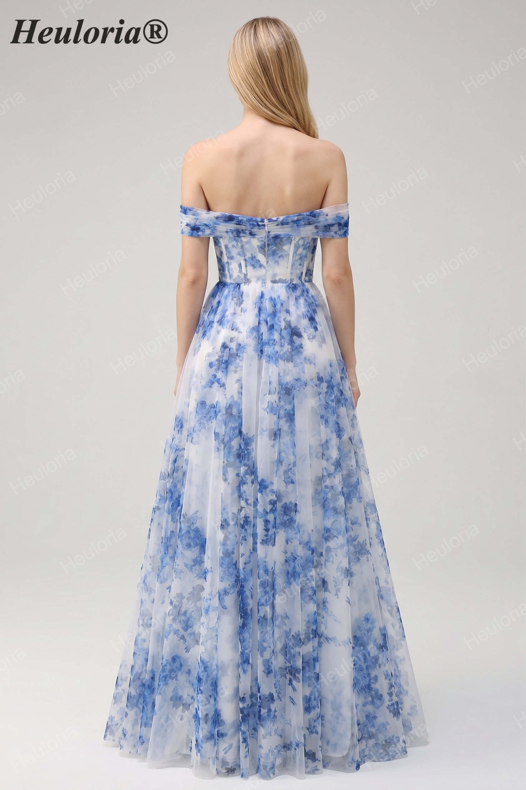Heuloria Dreamy Blue Floral Strapless Tulle Prom Dress with High Slit and Corset Bodice ED-509