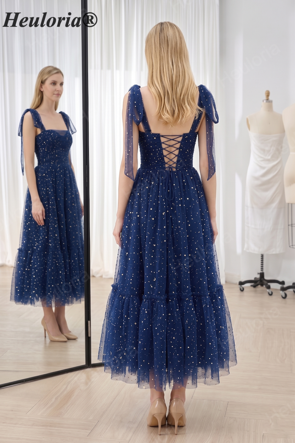 HEULORIA Celestial Starry Tulle Tea-Length Prom Dress - Tie-Shoulder A-Line Formal Gown ED-445