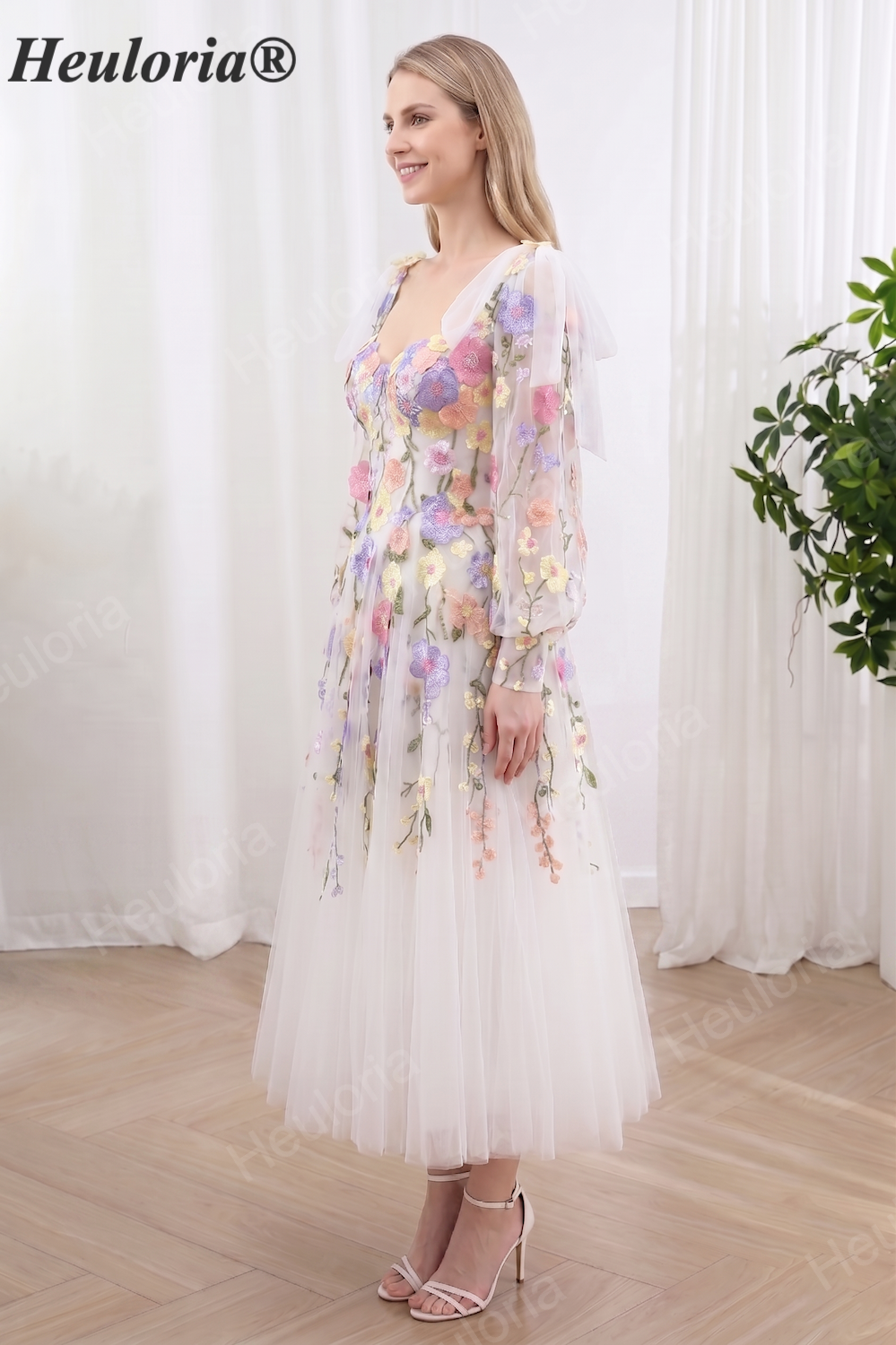 HEULORIA Romantic Colorful Floral Embroidery Tulle Midi Dress with Sheer Bishop Sleeves and Corset Back ED-666 tea Imagen secundaria del producto