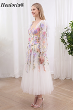HEULORIA Romantic Colorful Floral Embroidery Tulle Midi Dress with Sheer Bishop Sleeves and Corset Back ED-666 tea