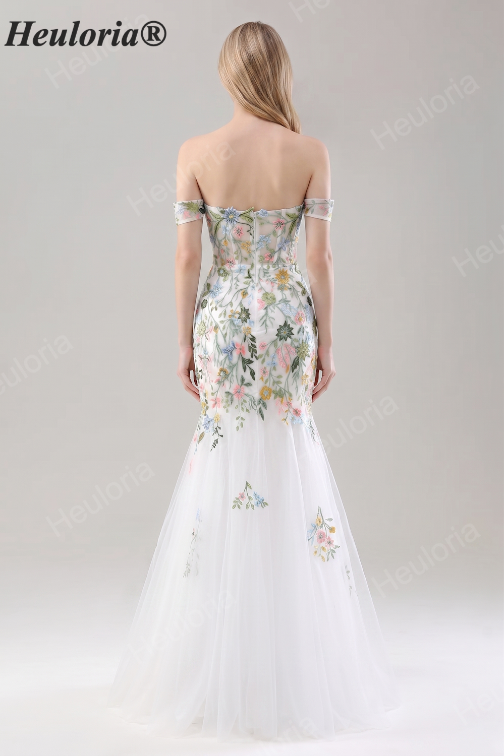 Heuloria Romantic Colorful Floral Embroidered Mermaid Wedding Dress | Off-the-Shoulder Illusion Corset Gown ED-612 Imagen secundaria del producto