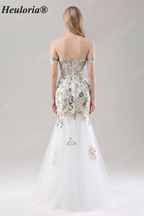 Heuloria Multicolor Floral Embroidered Off-the-Shoulder Tulle Mermaid Evening Dress ED-612
