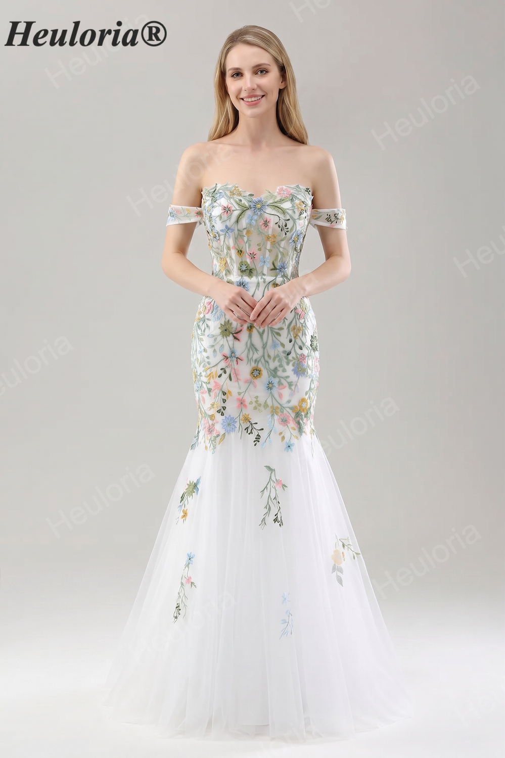 Heuloria Romantic Colorful Floral Embroidered Mermaid Wedding Dress | Off-the-Shoulder Illusion Corset Gown ED-612 Imagen principal del producto