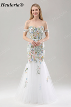 Heuloria Multicolor Floral Embroidered Off-the-Shoulder Tulle Mermaid Evening Dress ED-612