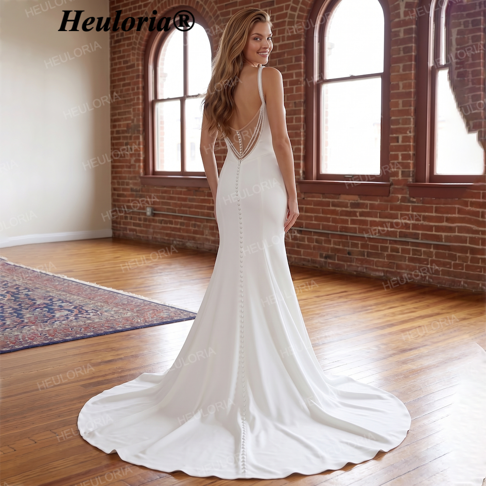 HEULORIA Minimalist Crepe Mermaid Wedding Dress with Cowl Neck & Illusion Pearl Back AL-QK216
