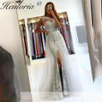 Customized Mermaid Prom Dress one shoulder lace Evening Dress Detachable Tulle Train Formal Party Gowns