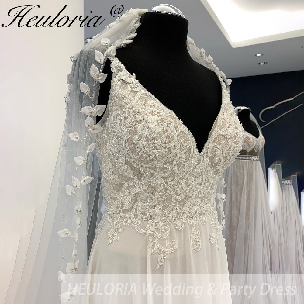 HEULORIA Women's Chiffon Wedding Dresses Bohemian Sexy V-Neck Lace Applique A-Line Princess Bridal Gowns Customized AL-942 Secondary image