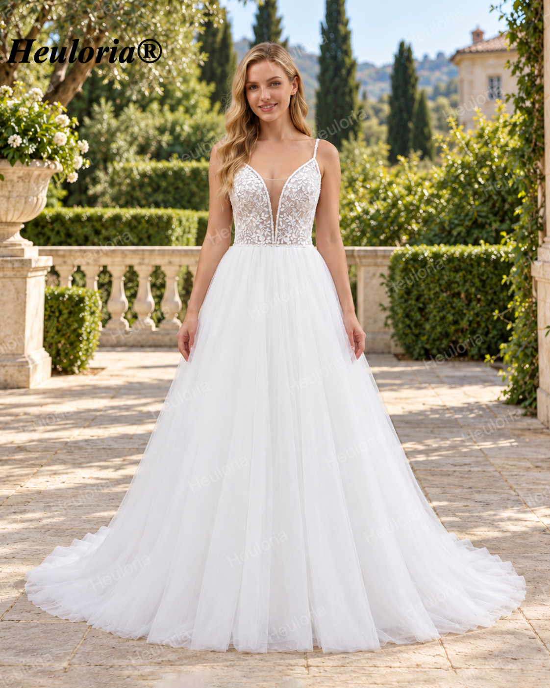 Deep V Leaf Lace Glitter Tulle Corset A-Line Wedding Dress AL-1031 Imagen principal del producto