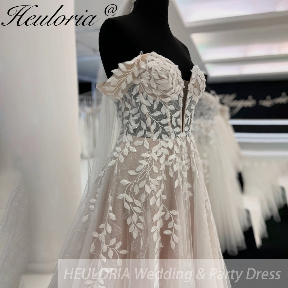 HEULORIA Sparkly Glitter A line Wedding Gowns Off Shoulder lace Bride Dresses for beach wedding Floral Lace Customized AL-927 Secondary image