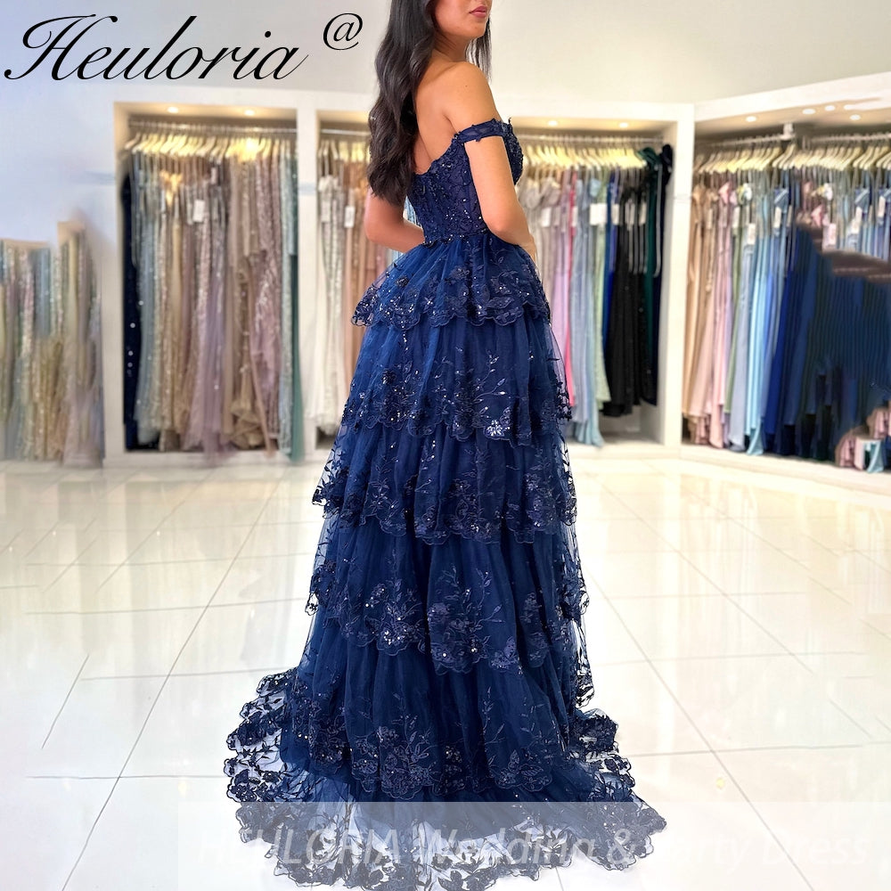 Sparkly A line Prom Formal Dresses Sequins Appliques Ruffle Black Off the shoulder Ruffles High split Prom Dresses Customsized