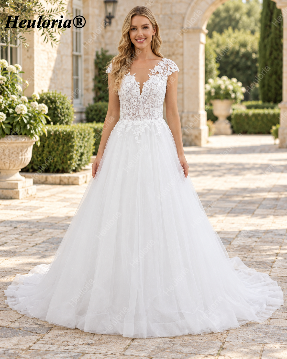 Illusion Deep V 3D Floral Glitter A-Line Wedding Dress AL-1042