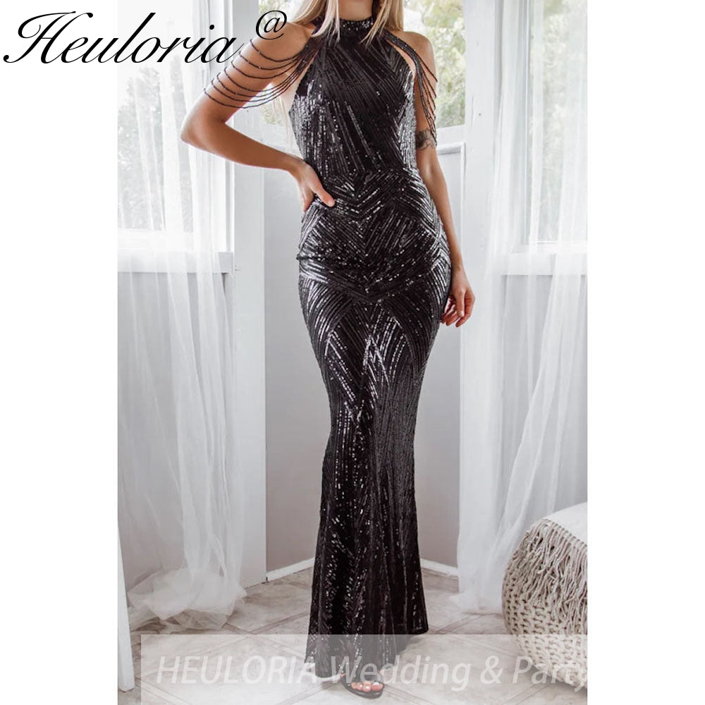 sparky sequin mermaid evening dress halter with beading tassel formal prom dress