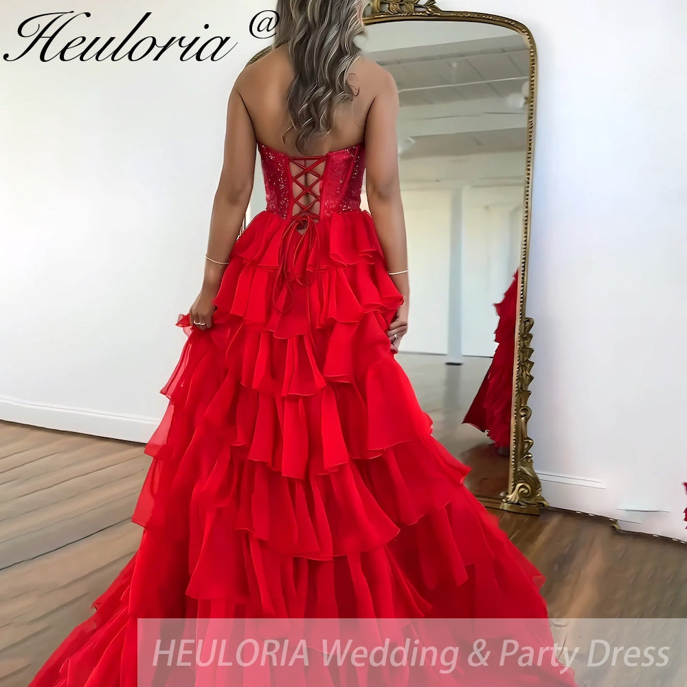 Sexy Strapless evening dress Chiffon Blue Tiered Ruffles with Slit Crystal A-Line Lace-upParty Gowns Customized