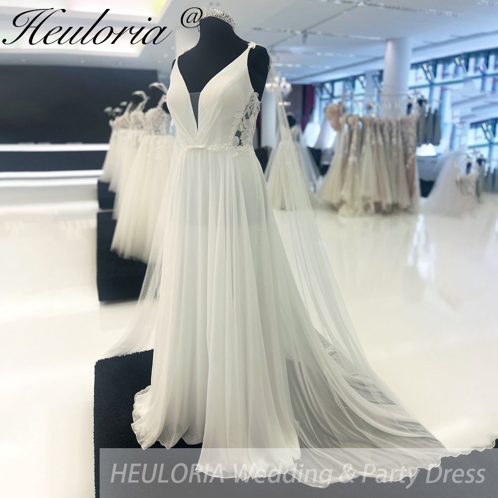 HEULORIA Boho V Neck A-Line Wedding Dress Chiffon Backless lace Court Train Bridal Dresses  Customized AL-925
