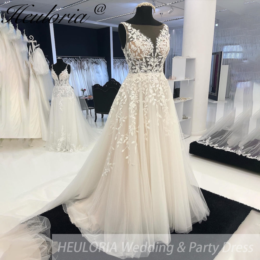 HEULORIA  Elegant V Neck A line Wedding dress Lace Bead Customized Bridal Dresses Lace Up Back