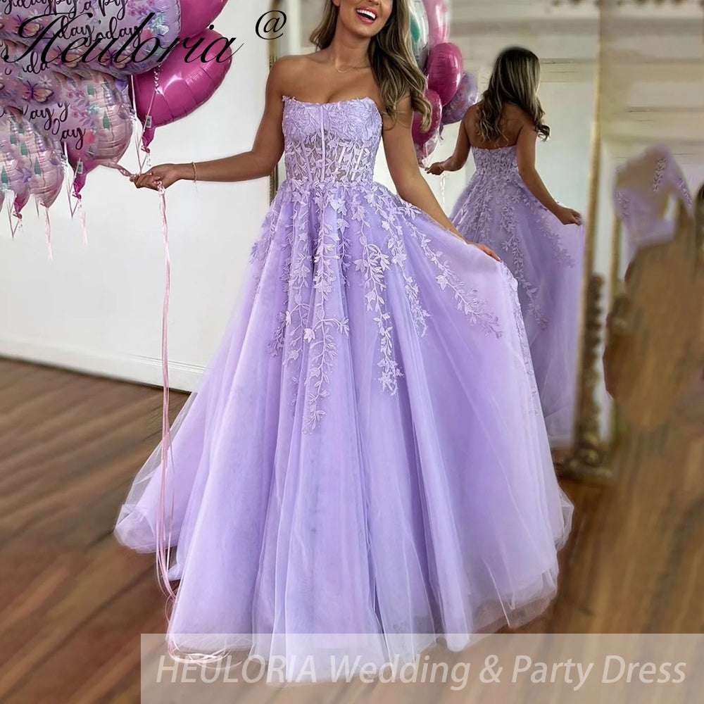 Lavender Purple Prom Dresses Lace Tulle Evening Dresses A-Shape Elegant Lady Party Dresses Image principale du produit