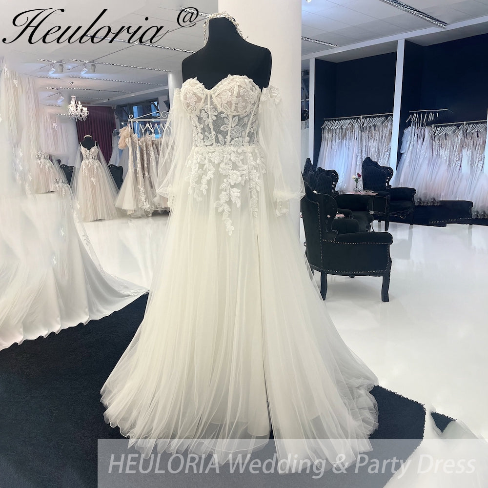 HEULORIA Elegant Off Shoulder A Line Wedding Dresses lace bride dress puffy sleeve Robe de mariee AL-943 Secondary image
