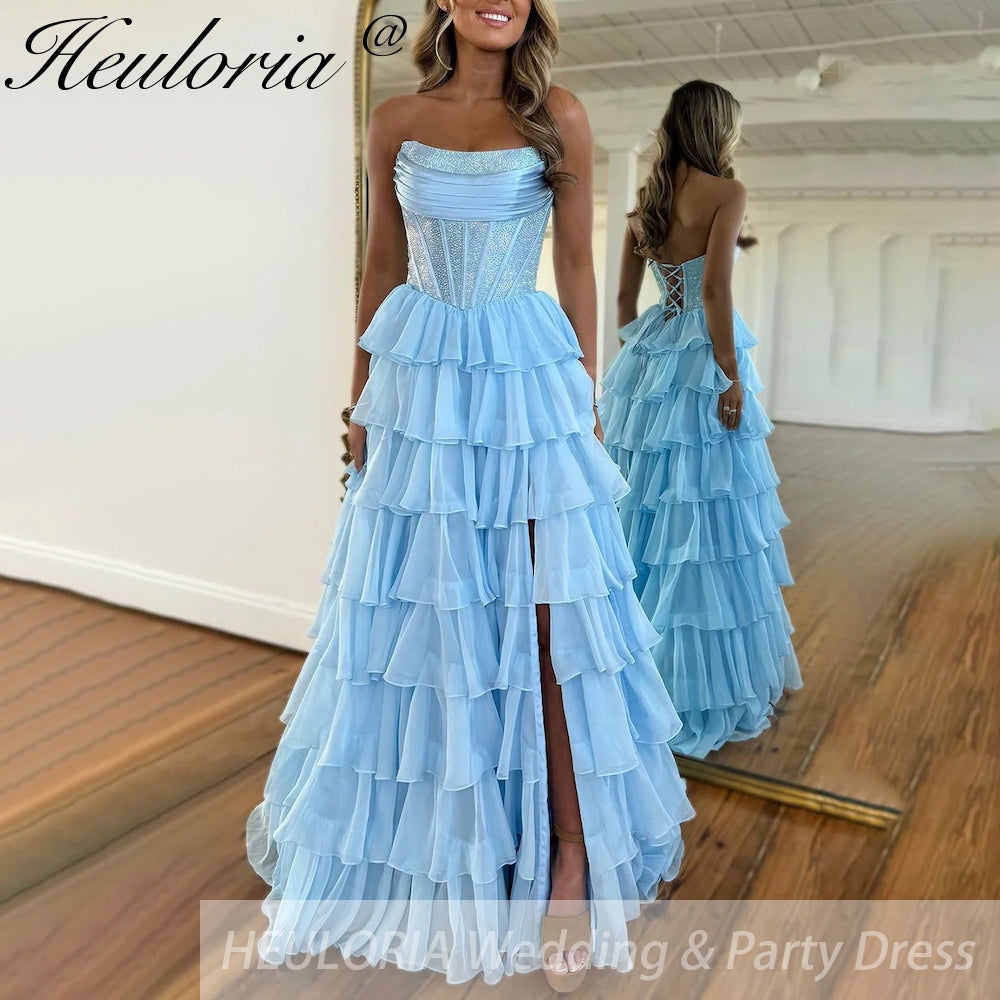 Sexy Strapless evening dress Chiffon Blue Tiered Ruffles with Slit Crystal A-Line Lace-upParty Gowns Customized