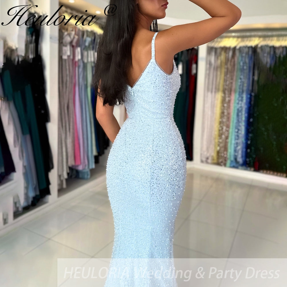 Customized Blue Spaghetti Strap Beaded Prom Dresses Mermaid evening dress vestidos de noiva Floor-Length Evening Dress 2025