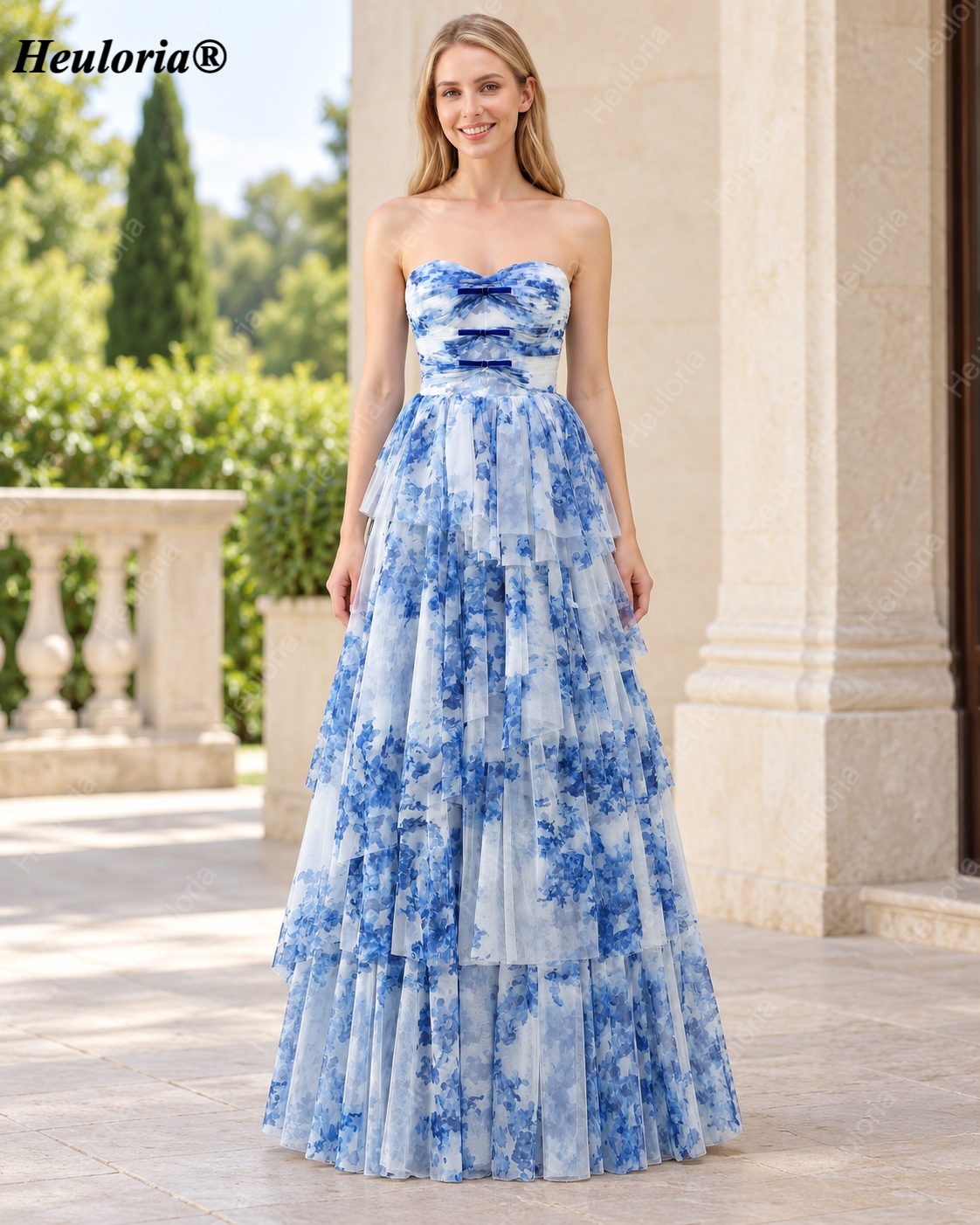 Heuloria Blue Watercolor Floral Tiered Chiffon A-Line Prom Dress with Corset Back ED-657 Main image