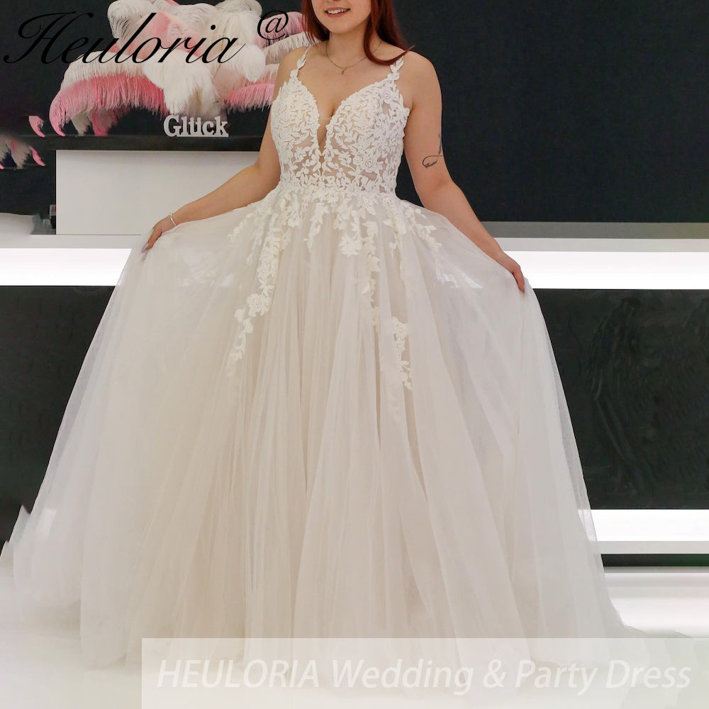 HEULORIA Spaghetti Straps A line lace Wedding dress for woman Vestidos Modest Church Bridal Dresses V Neck Beading Lace AL-931