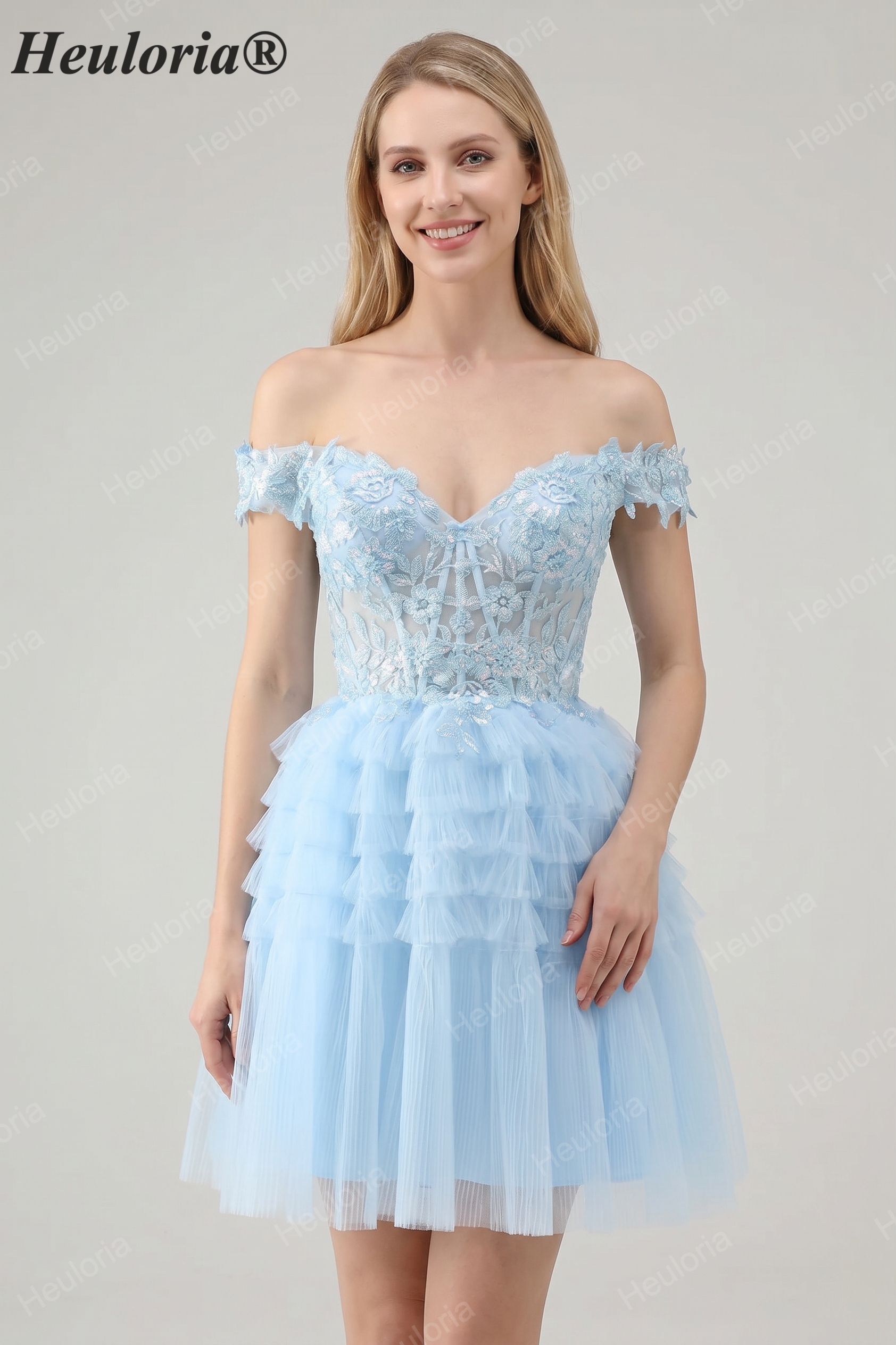 HEULORIA Blush A Line Off The Shoulder Corset Short Tulle Homecoming Dress ED-326 Immagine principale del prodotto