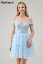 HEULORIA Blush A Line Off The Shoulder Corset Short Tulle Homecoming Dress ED-326