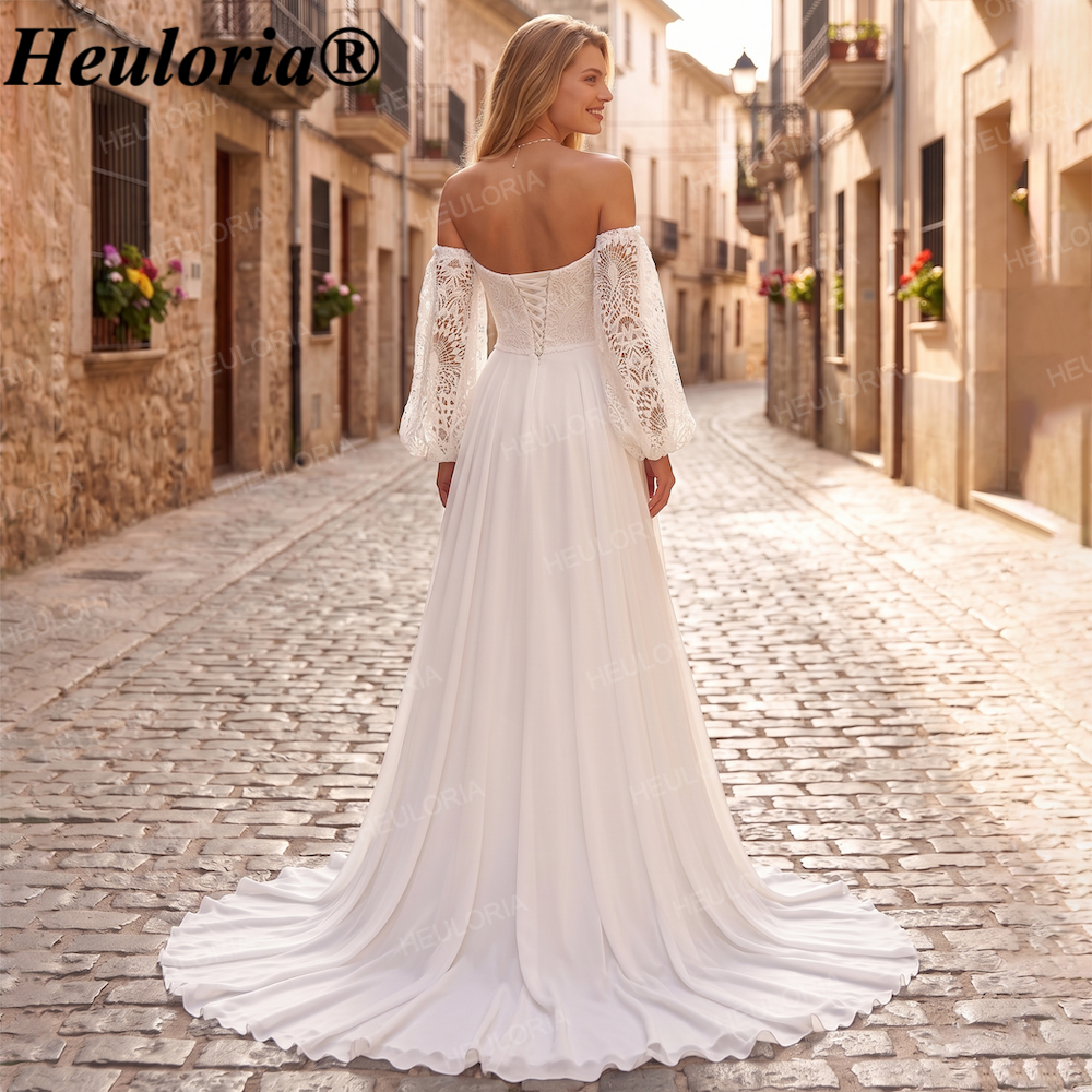 HEULORIA Romantic Boho Off-the-Shoulder Lace Sleeve Chiffon A-Line Wedding Dress AL-QK204