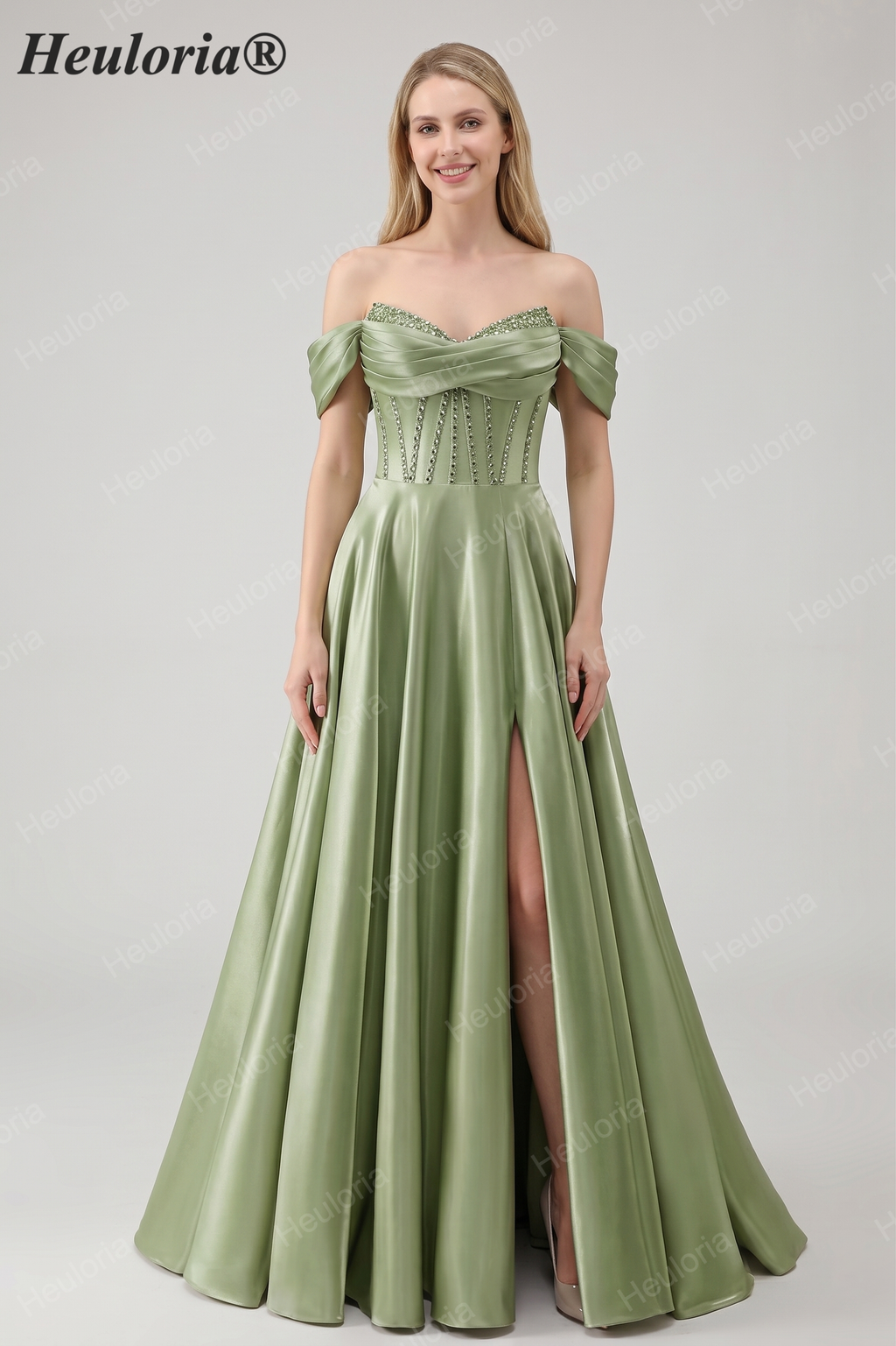 HEULORIA Off-the-Shoulder Sequin Beaded Satin Prom Dress with Slit & Corset Back ED-586
