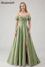 HEULORIA Off-the-Shoulder Sequin Beaded Satin Prom Dress with Slit & Corset Back ED-586