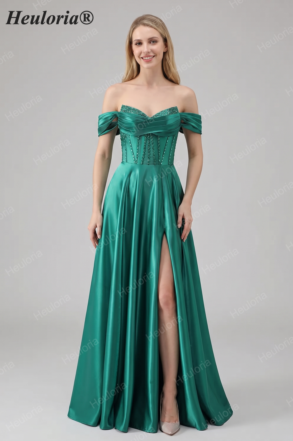 HEULORIA Off-the-Shoulder Sequin Beaded Satin Prom Dress with Slit & Corset Back ED-586