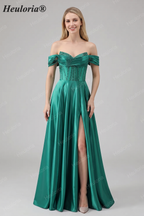 HEULORIA Off-the-Shoulder Sequin Beaded Satin Prom Dress with Slit & Corset Back ED-586