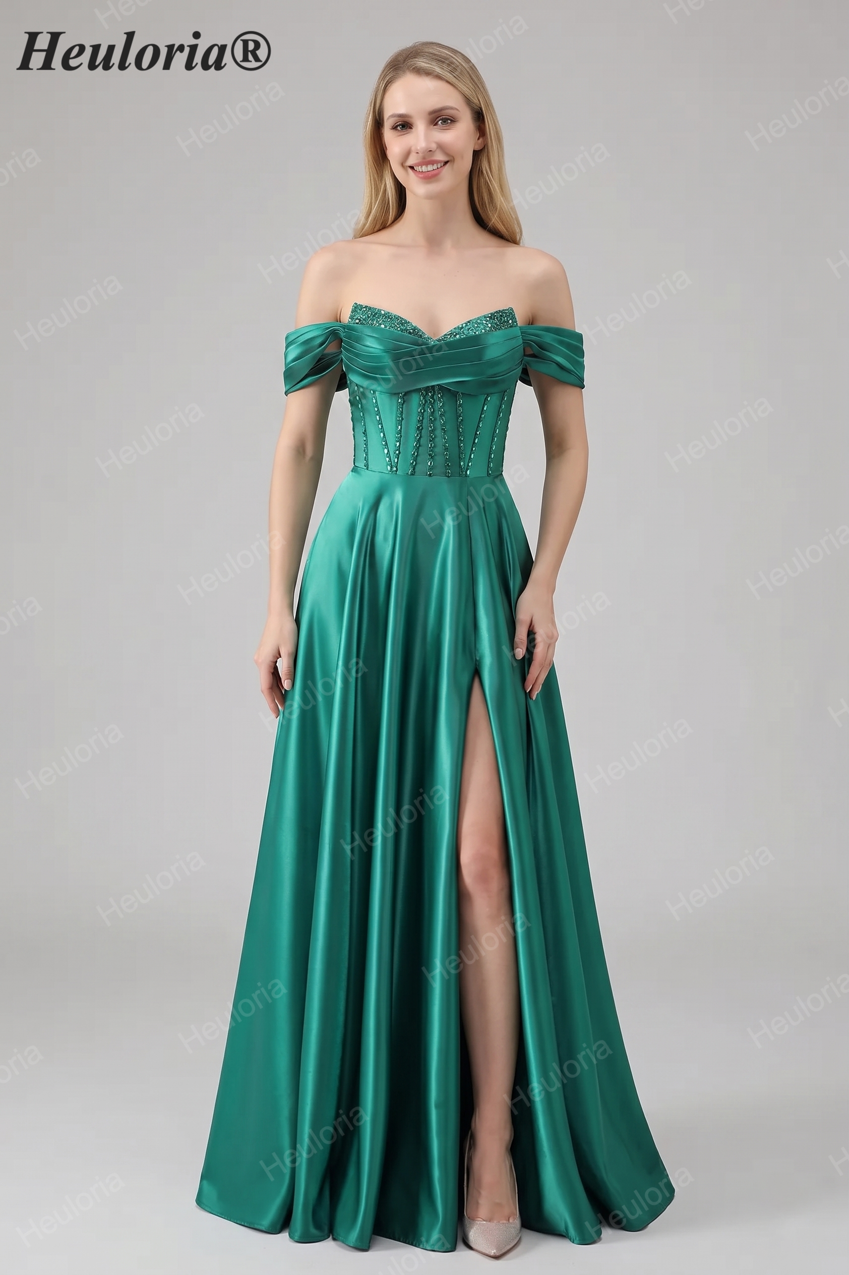 HEULORIA Off-the-Shoulder Sequin Beaded Satin Prom Dress with Slit & Corset Back ED-586